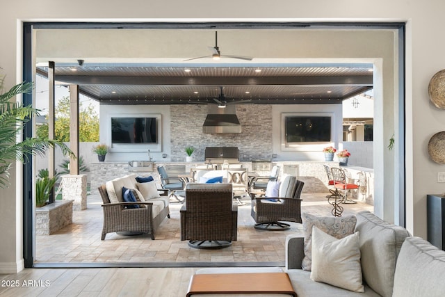 2656 E Oriole Dr, Gilbert, AZ 85297 - view of patio / terrace featuring ceiling fan, area for grilling, an outdoor hangout area, and a grill