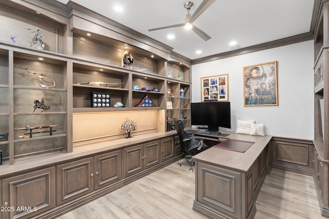 2656 E Oriole Dr, Gilbert, AZ 85297 - office featuring ceiling fan, light wood-type flooring, crown molding, and built in shelves