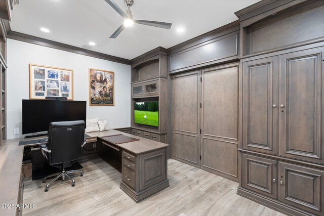 2656 E Oriole Dr, Gilbert, AZ 85297 - office area featuring ceiling fan, ornamental molding, and light hardwood / wood-style floors