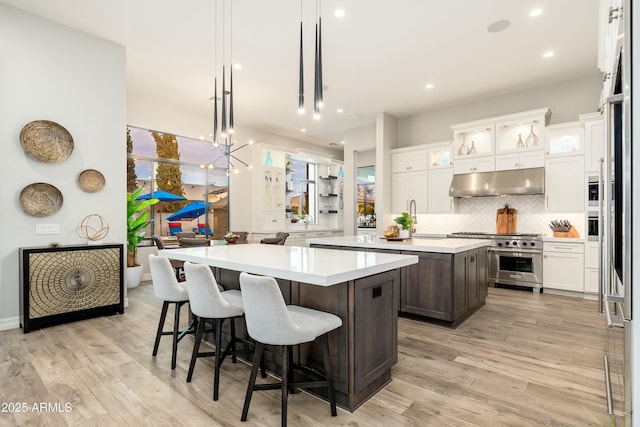 2656 E Oriole Dr, Gilbert, AZ 85297 - kitchen featuring tasteful backsplash, hanging light fixtures, white cabinets, high end range, and a center island
