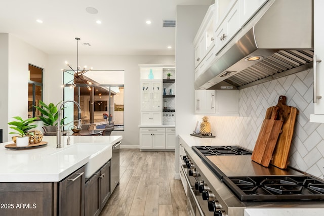 2656 E Oriole Dr, Gilbert, AZ 85297 - kitchen with stainless steel appliances, range hood, pendant lighting, sink, and white cabinetry