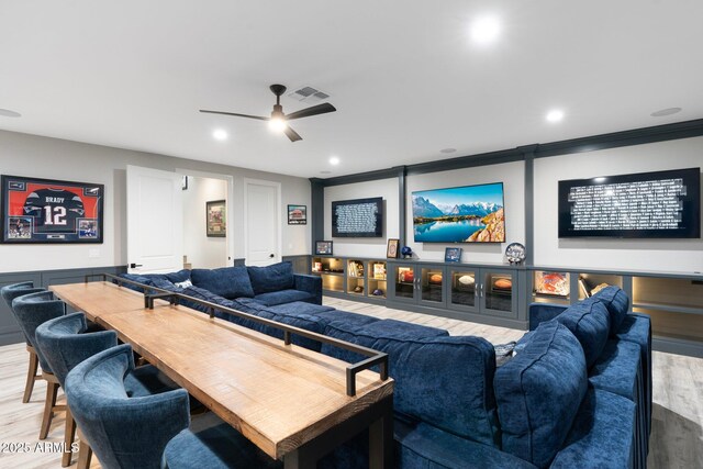 2656 E Oriole Dr, Gilbert, AZ 85297 - home theater with light hardwood / wood-style floors, crown molding, and ceiling fan