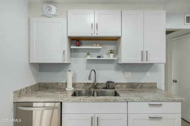 kitchen with visible vents, stainless steel dishwasher, a sink, and white cabinetry