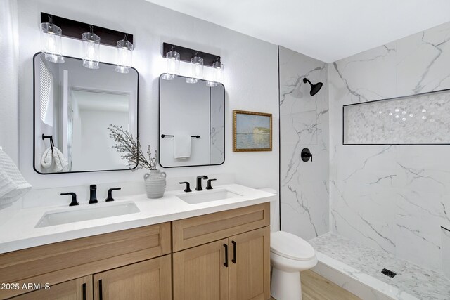 635 N 67th Pl, Mesa, AZ 85205 - bathroom with double vanity, toilet, and a marble finish shower