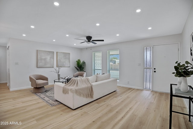 635 N 67th Pl, Mesa, AZ 85205 - living room with light wood-style flooring, recessed lighting, baseboards, and a ceiling fan