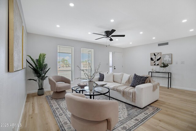 635 N 67th Pl, Mesa, AZ 85205 - living area featuring baseboards, recessed lighting, light wood-type flooring, and a ceiling fan