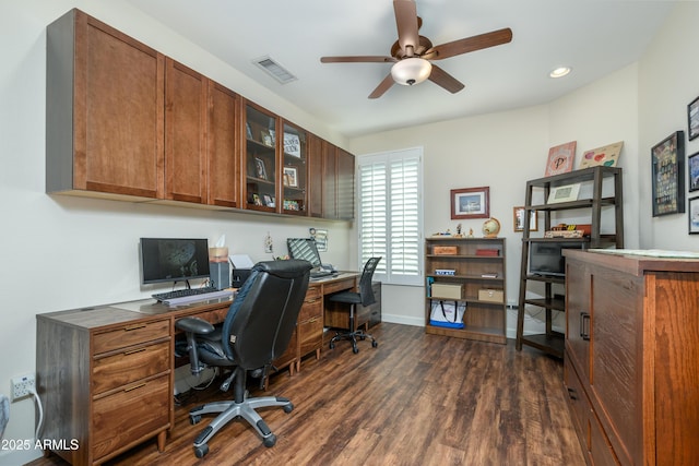 office area featuring ceiling fan and dark hardwood / wood-style flooring