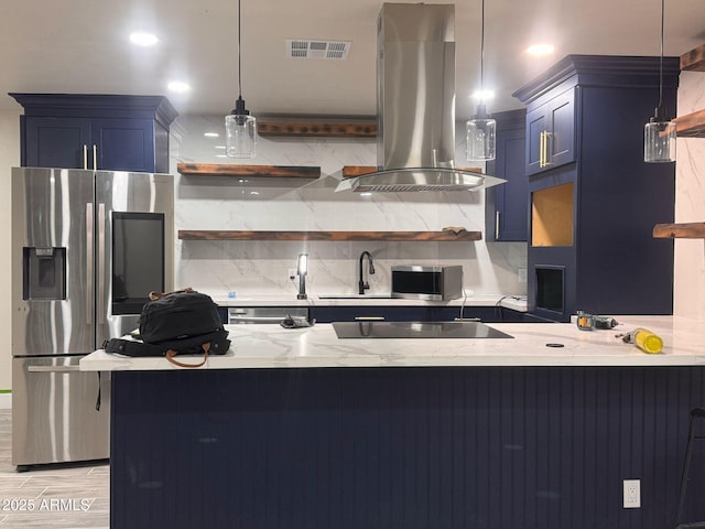 kitchen featuring open shelves, stainless steel appliances, visible vents, a sink, and island range hood