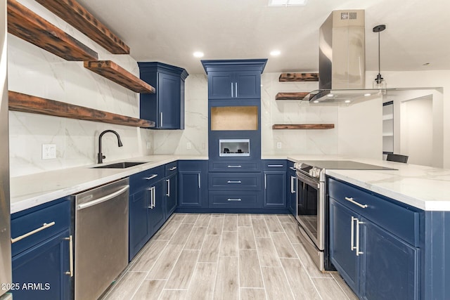 kitchen featuring blue cabinets, island range hood, appliances with stainless steel finishes, and open shelves