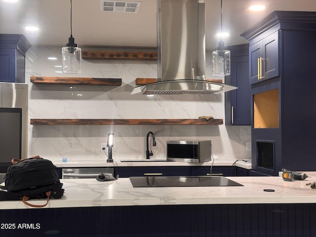 kitchen featuring light stone counters, visible vents, appliances with stainless steel finishes, open shelves, and island exhaust hood