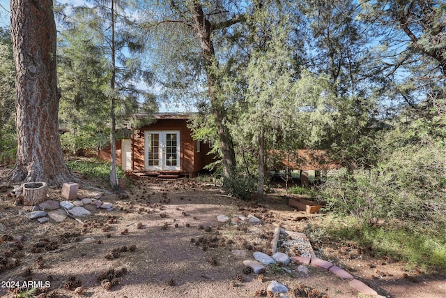 view of yard featuring an outbuilding and french doors