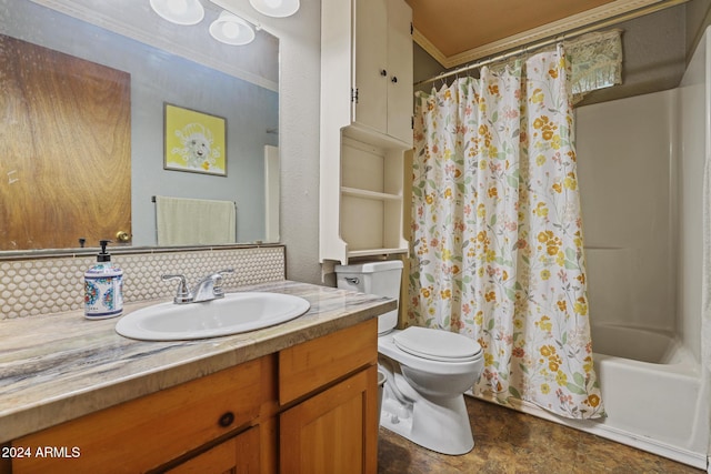 full bathroom with crown molding, vanity, toilet, decorative backsplash, and shower / tub combo with curtain