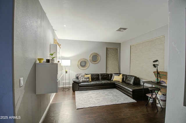 living room featuring dark wood-type flooring