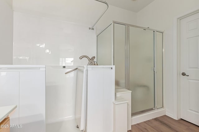 2140 S Benton Cir, Mesa, AZ 85209 - full bathroom with a stall shower, wood finished floors, and vanity