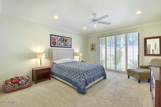 10068 E Cinnabar Ave, Scottsdale, AZ 85258 - carpeted bedroom featuring access to exterior, recessed lighting, ornamental molding, and a ceiling fan