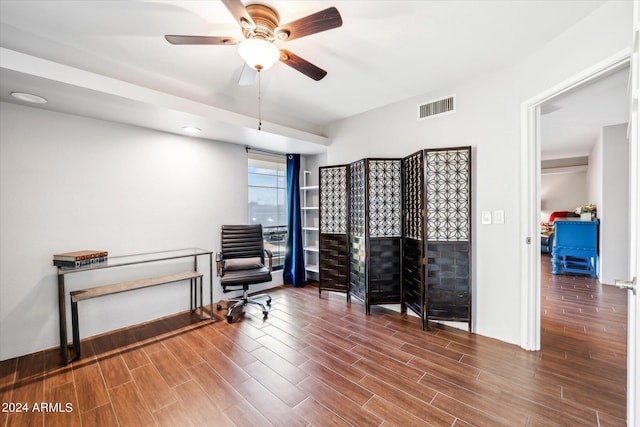 office area featuring wood-type flooring and ceiling fan