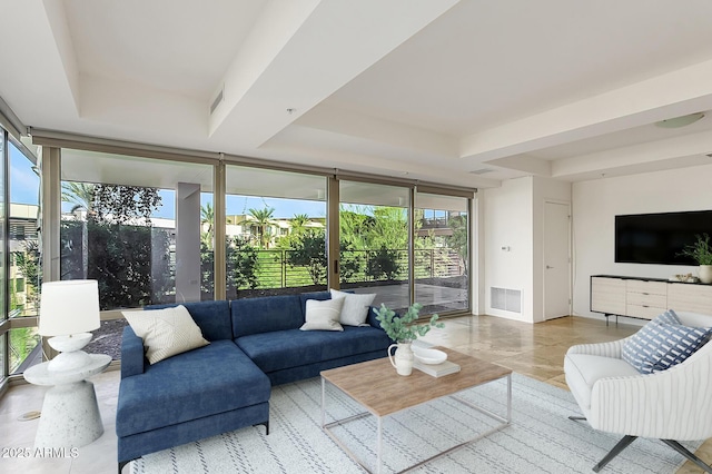 living area with a healthy amount of sunlight, a wall of windows, and a tray ceiling