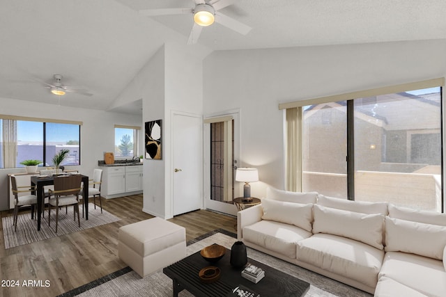 living room featuring hardwood / wood-style flooring, high vaulted ceiling, and ceiling fan