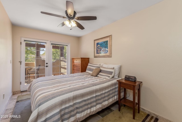 bedroom featuring ceiling fan, french doors, baseboards, access to outside, and carpet