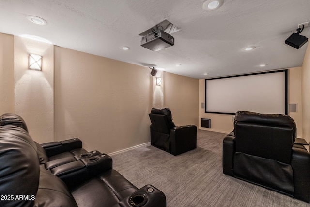 cinema featuring carpet flooring, recessed lighting, and baseboards