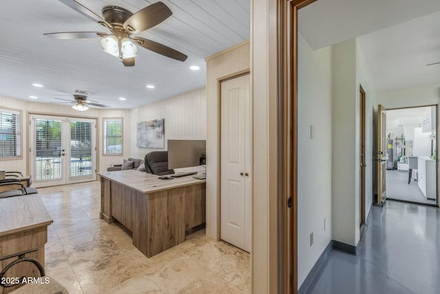interior space with baseboards, ceiling fan, french doors, and recessed lighting