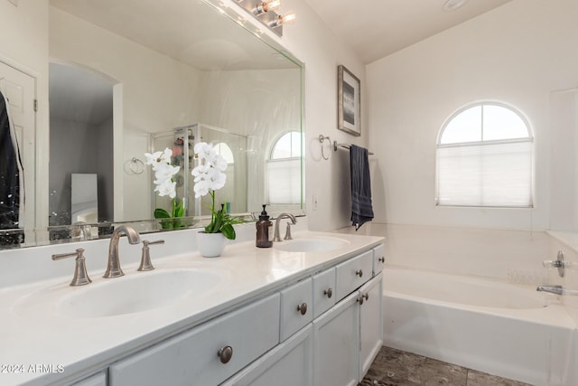 bathroom featuring a washtub and vanity