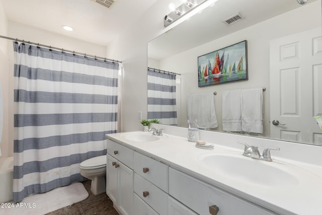 bathroom with tile patterned floors, vanity, toilet, and a shower with shower curtain