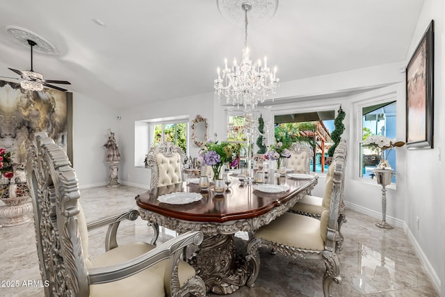 6941 W Voltaire Ave, Peoria, AZ 85381 - dining room featuring marble tiled floors, ceiling fan, a chandelier, and baseboards