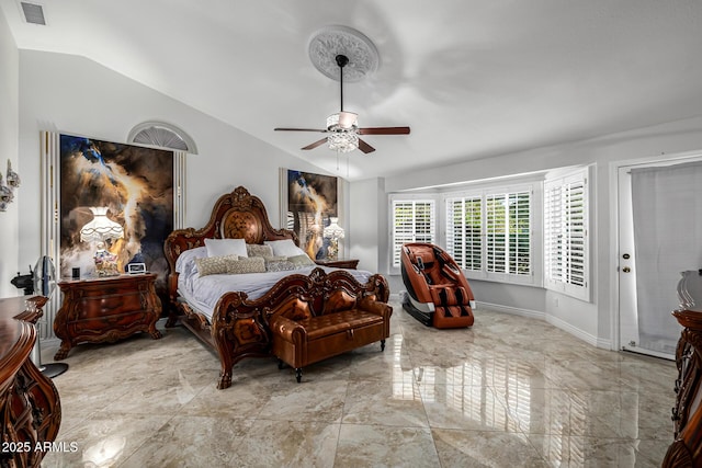 6941 W Voltaire Ave, Peoria, AZ 85381 - bedroom featuring vaulted ceiling, light marble finish flooring, ceiling fan, and baseboards