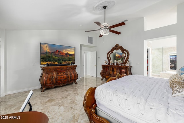 6941 W Voltaire Ave, Peoria, AZ 85381 - bedroom with high vaulted ceiling, baseboards, a ceiling fan, and light marble finish flooring