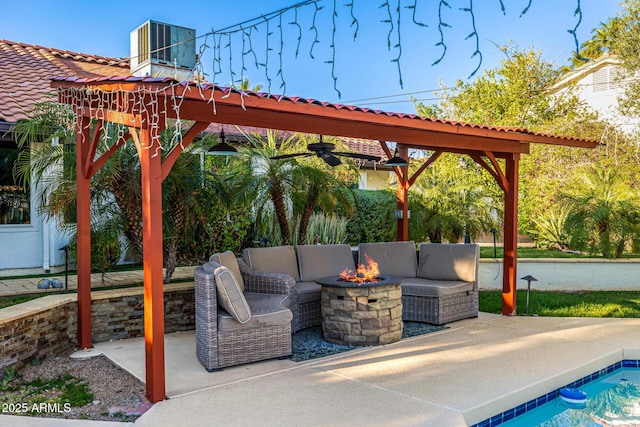 6941 W Voltaire Ave, Peoria, AZ 85381 - view of patio / terrace with an outdoor living space with a fire pit, a gazebo, central air condition unit, an outdoor pool, and ceiling fan