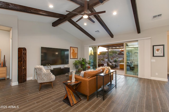 living room featuring beamed ceiling, ceiling fan, and high vaulted ceiling