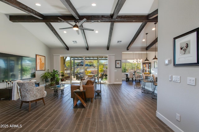 living room with vaulted ceiling with beams and ceiling fan