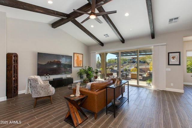 living room with ceiling fan, beam ceiling, high vaulted ceiling, and french doors