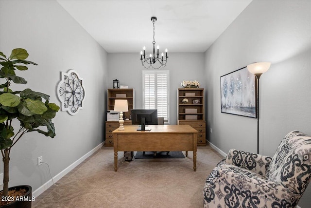 carpeted office space with a chandelier