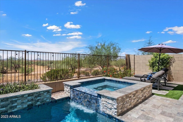 view of swimming pool with an in ground hot tub and pool water feature