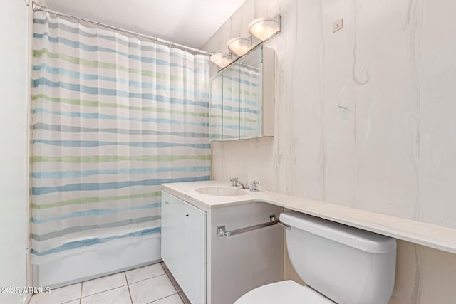 full bathroom with shower / tub combo, vanity, tile patterned floors, and toilet