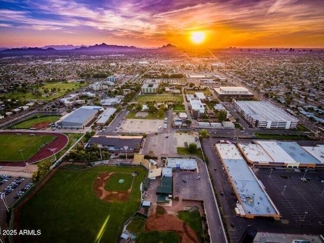 aerial view at dusk with a mountain view