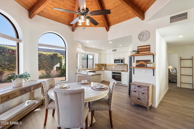 dining room featuring beam ceiling, ceiling fan, sink, dark hardwood / wood-style floors, and wood ceiling