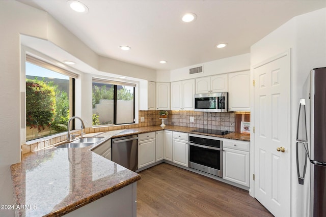 kitchen with stone counters, white cabinetry, sink, stainless steel appliances, and dark hardwood / wood-style floors