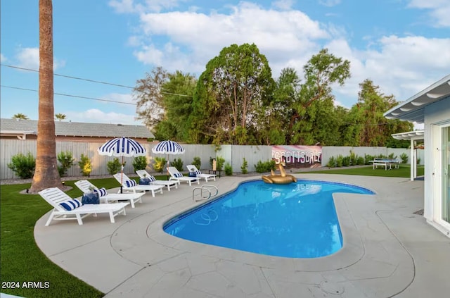 view of swimming pool with a patio area