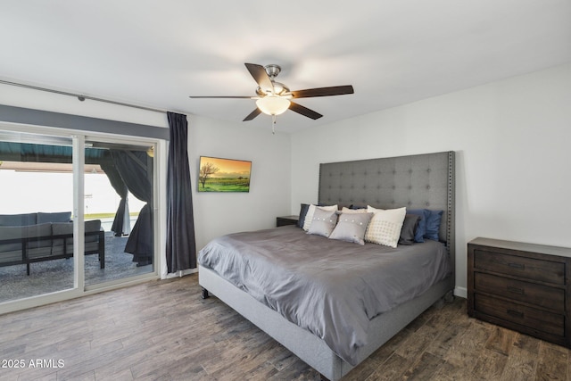 bedroom with ceiling fan, access to exterior, and hardwood / wood-style flooring