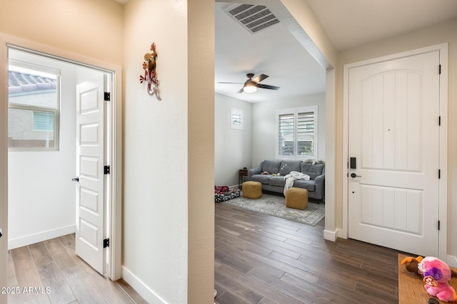 3699 E Sweetclover Ln, San Tan Valley, AZ 85140 - entrance foyer with a ceiling fan, dark wood-style floors, baseboards, and visible vents