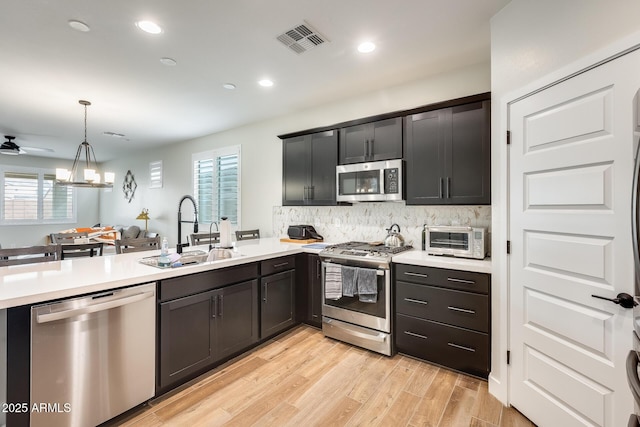 3699 E Sweetclover Ln, San Tan Valley, AZ 85140 - kitchen with light countertops, a sink, visible vents, a peninsula, and appliances with stainless steel finishes