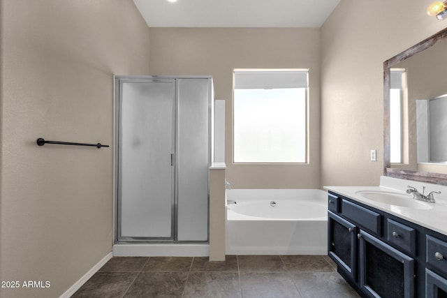 bathroom featuring vanity, tile patterned flooring, and independent shower and bath