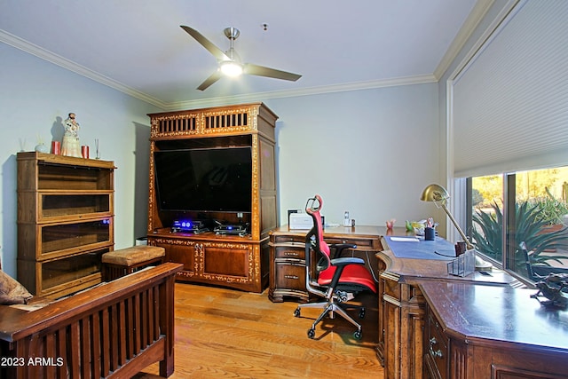 32472 N 68th Pl, Scottsdale, AZ 85266 - home office with light wood-type flooring, crown molding, and ceiling fan