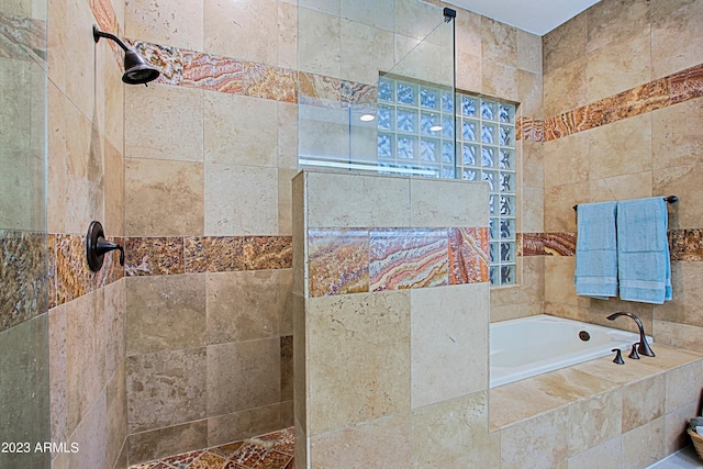 32472 N 68th Pl, Scottsdale, AZ 85266 - bathroom with walk in shower, a bath, and tile walls