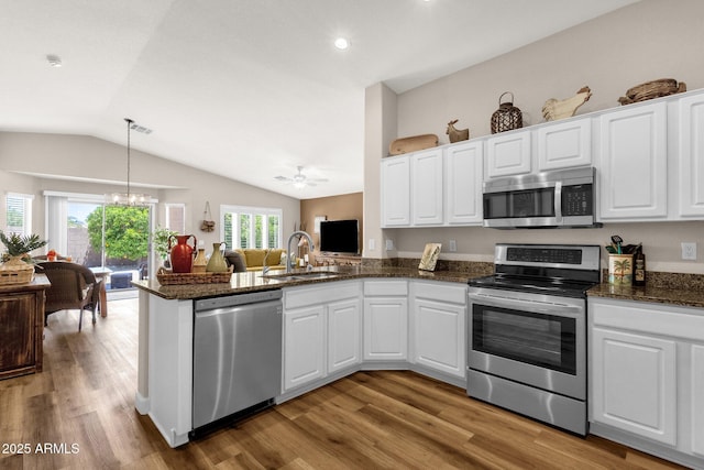 4332 E Cassia Ln, Gilbert, AZ 85298 - kitchen with appliances with stainless steel finishes, a sink, vaulted ceiling, light wood-type flooring, and a peninsula