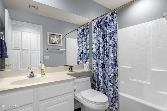 4332 E Cassia Ln, Gilbert, AZ 85298 - full bathroom featuring vanity, shower / bathtub combination with curtain, and toilet