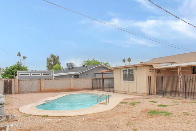 view of swimming pool with central AC, a fenced backyard, a fenced in pool, and a patio